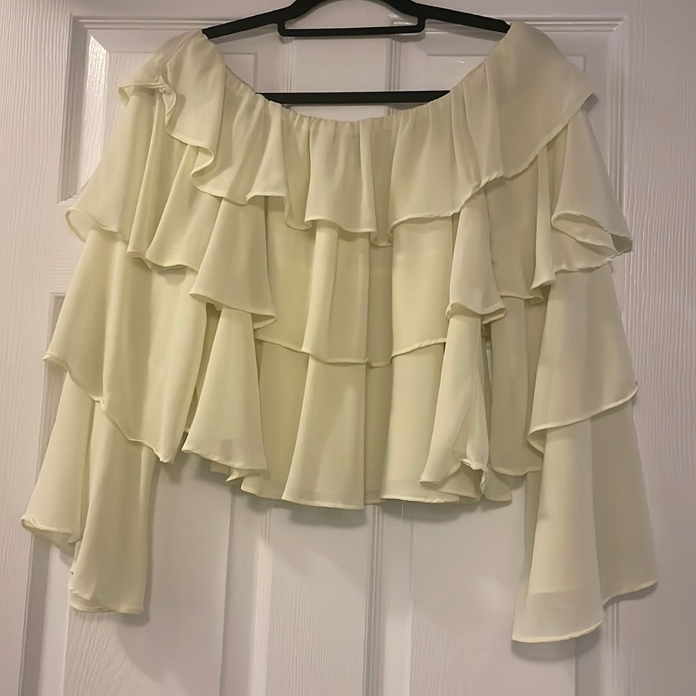 DO + BE yellow long sleeve ruffled OFF shoulder top